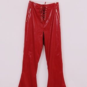 Red PU lace up flare pants